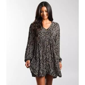 Billabong On The Way Babydoll Dress Off Black & White Mini V-Neck Relaxed Size S